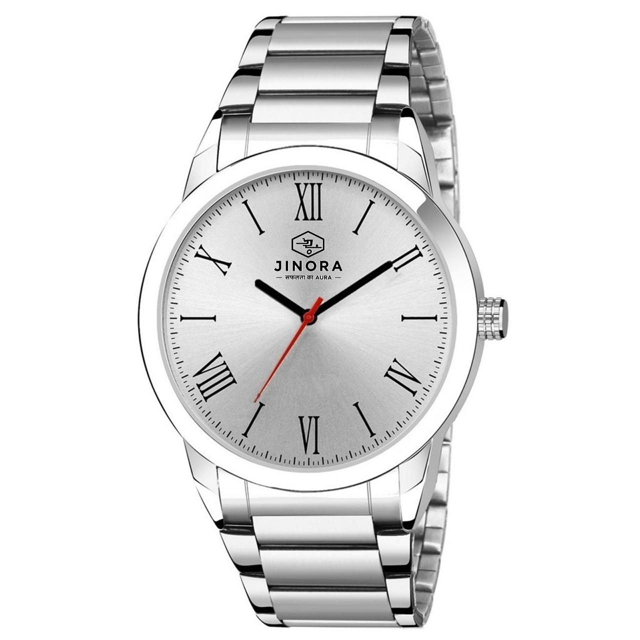 JINORA Premium Silver Analog Watch Combo for Men with Free Metal Keychain | Stainless Steel Strap |