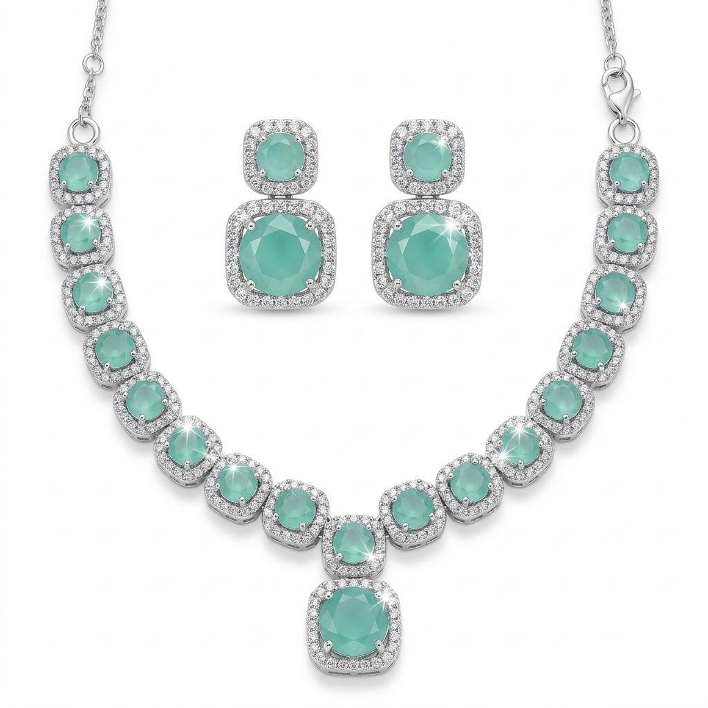 Premium Green Stone Necklace Set with Earrings Elegant Silver Finish Designer Jewelry | Wedding, Party & Bridal Wear