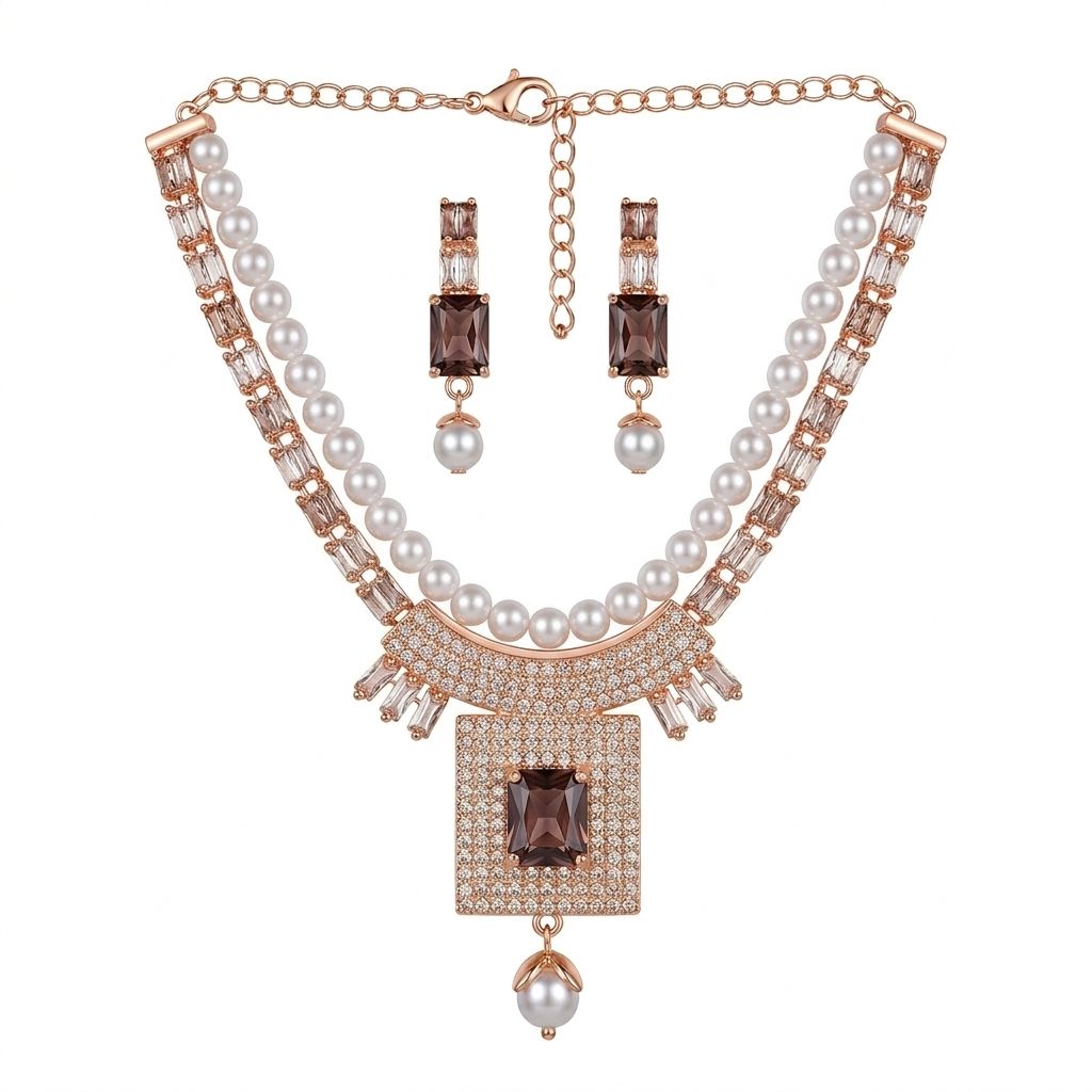Premium Rose Gold Plated Pearl & Brown Stone Necklace Set for Women with Earrings | Designer Party & Wedding Jewelry