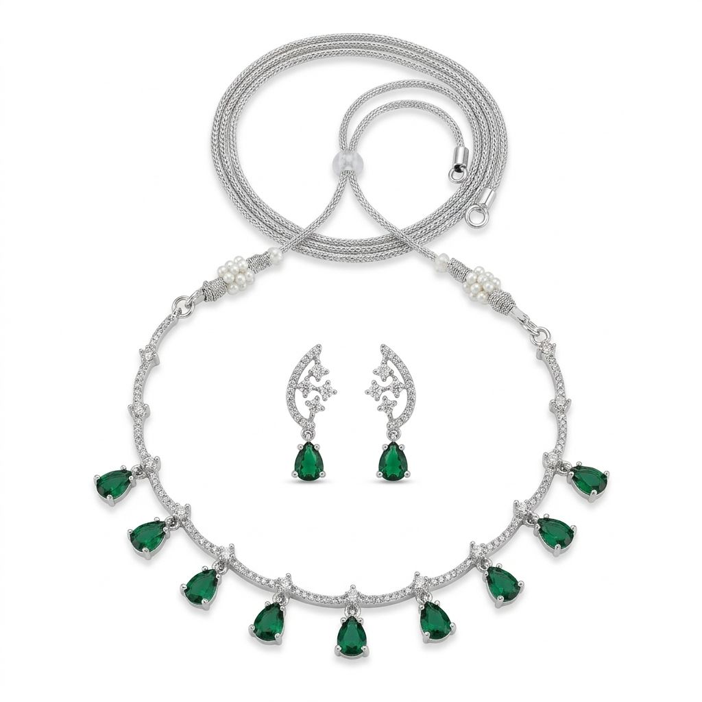 Premium American Diamond Necklace Set with Green Stone Drops | Elegant Party Wear Jewellery Set for Women