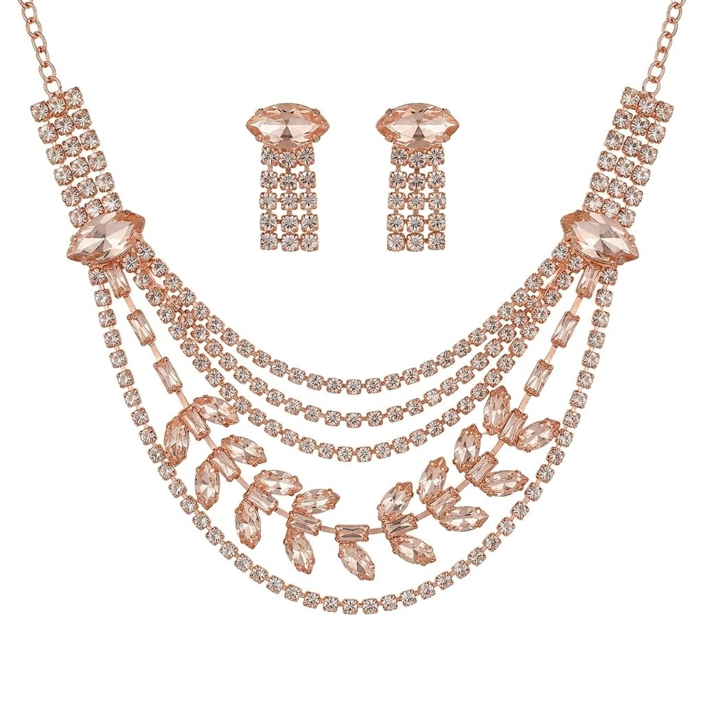 Luxury Rose Gold Plated Crystal Layered Necklace Set for Women with Earrings