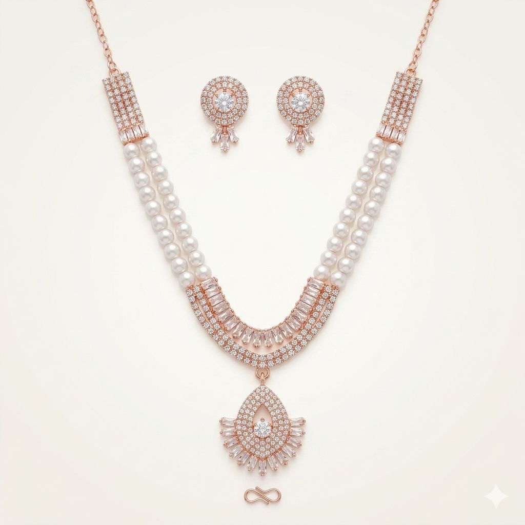 Elegant Rose Gold Plated Pearl & American Diamond Pendant Necklace Set with Stud Earrings for Women