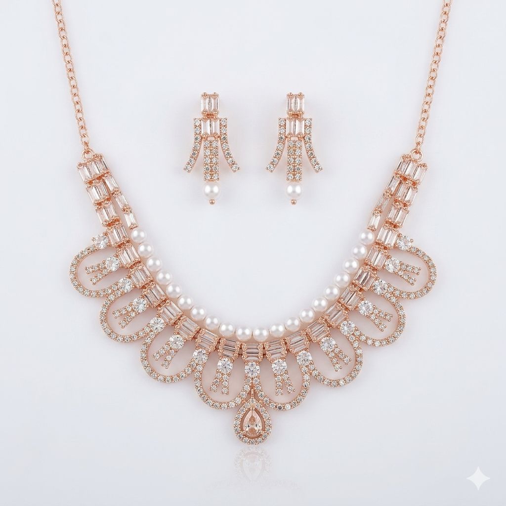 Premium Rose Gold Plated American Diamond Necklace Set with Pearl Drop Earrings for Women