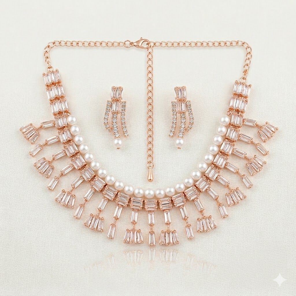 Luxury Rose Gold Plated American Diamond & Pearl Necklace Set with Earrings.