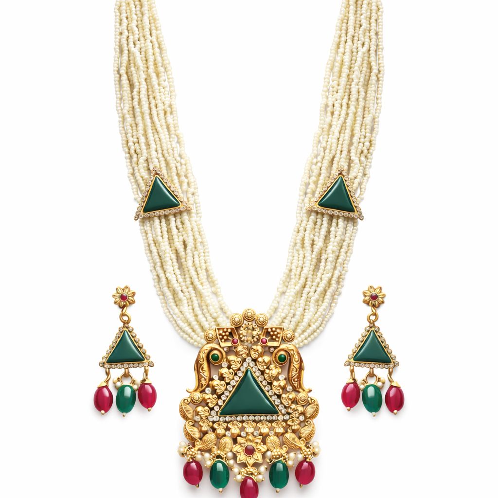 Premium Multi-Layer Pearl Necklace Set with Green Stone Pendant & Matching Earrings | Traditional Bridal Jewelry