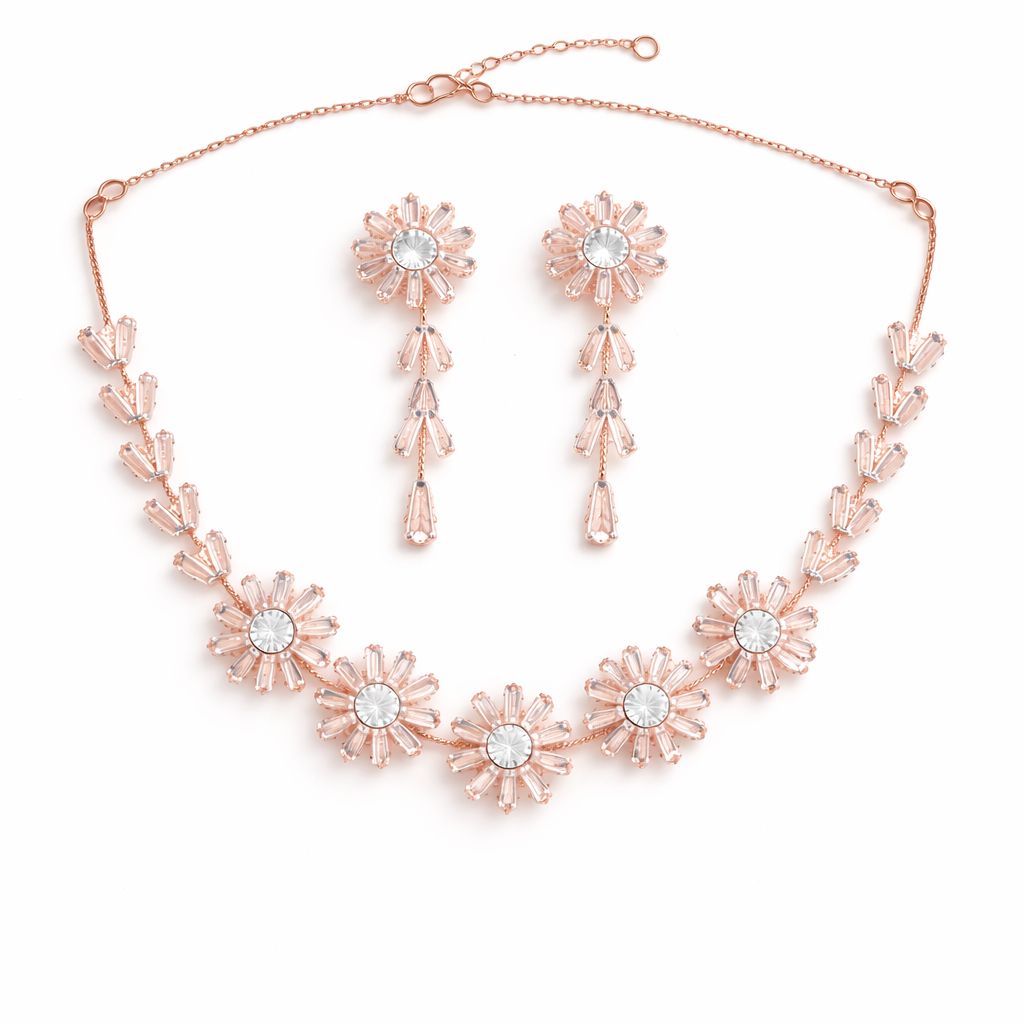 Elegant Rose Gold Floral Necklace Set with Crystal Stones & Matching Earrings | Party Wear Jewelry